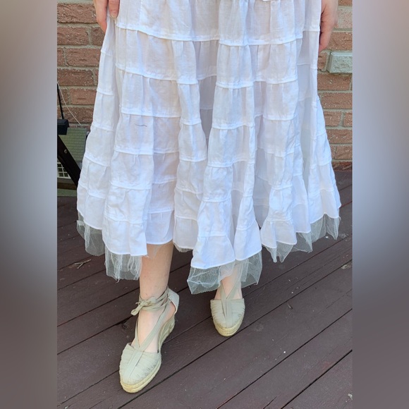 Beautiful White Linen long Skirt full circular Tiered Ruffles elastic waist US M - Picture 6 of 13